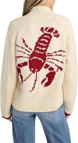 Women Shawl Collar Cardigan Sweater Lobster Print Long Sleeve Button Down Jumper Tops Vintage Chunky Knit Coat (Red, L) | Amazon (US)