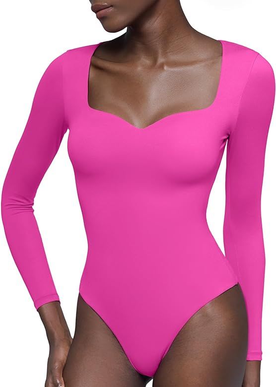 PUMIEY Women's Sweetheart Neck Long Sleeve Bodysuit Slimming Body Suit Going Out Tops Smoke Cloud... | Amazon (US)