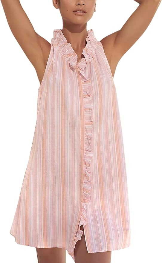 Women's Casual Mini Dress Frills Ruffles A-Line Skirts Striped Print V Neck Sleeveless Dresses Po... | Amazon (US)