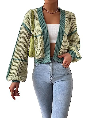 COZYEASE Women's Color Block Crop Cardigan Top Bishop Long Sleeve Open Front Sweater Green 4X-Large Plus | Amazon (US)