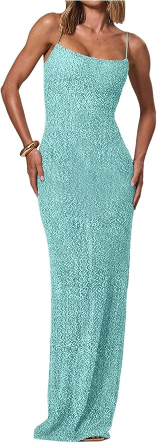 OYOANGLE Women's Spaghetti Strap Sparkly Sequin Mesh Cami Dress Sleeveless Fishtail Long Dresses | Amazon (US)