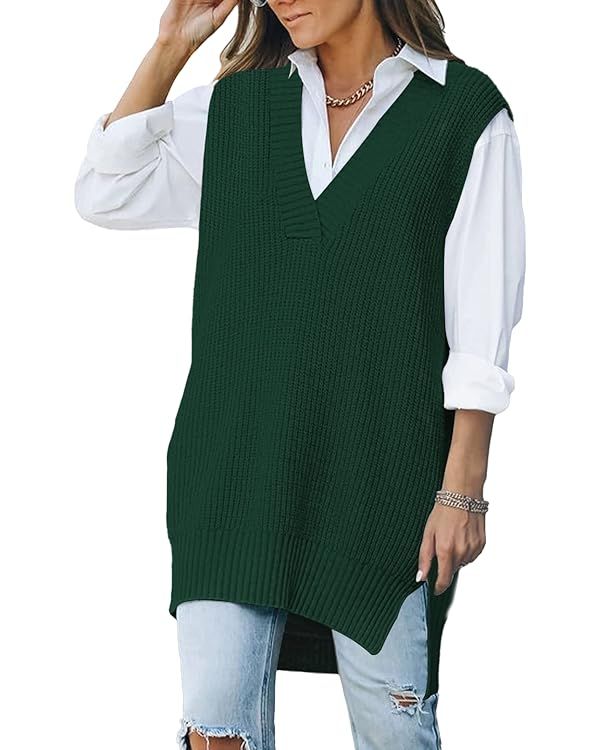 Viottiset Women's Oversized V Neck Knit Sweater Vest Tunic Sleeveless Pullover Top | Amazon (US)