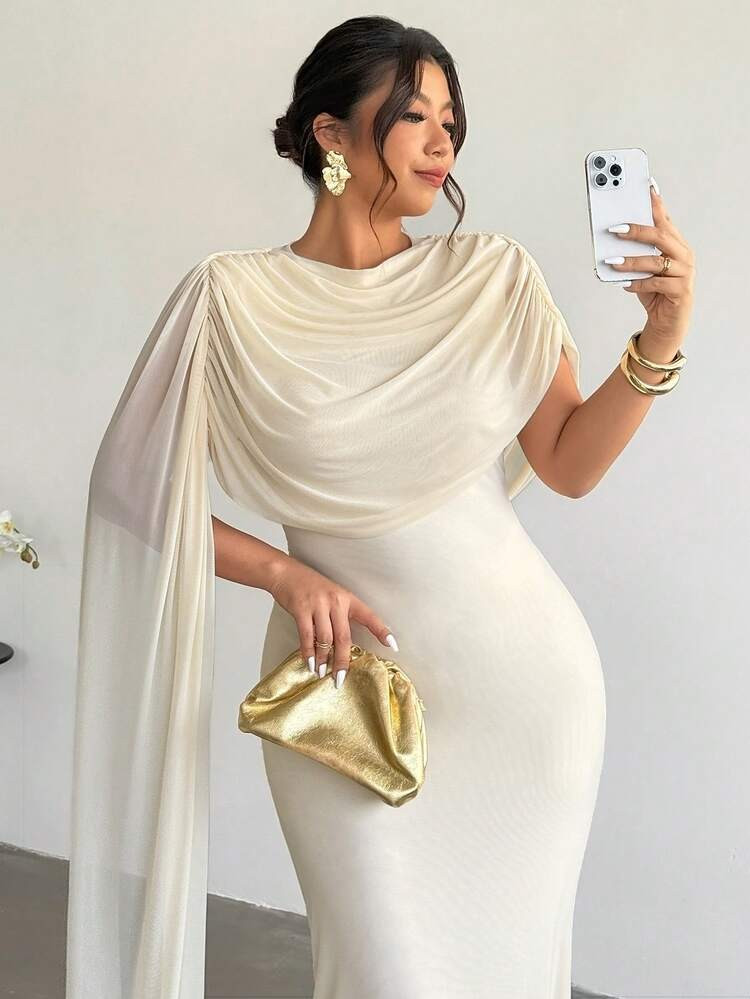 Plus Size Elegant Casual Vacation Beach Romantic Music Festival Ruched Neck Flowy Sheer Stretchy Slimming Dress For Women, Suitable For Commute, Work, Office, Summer Dresses Wedding Dress For Women | SHEIN