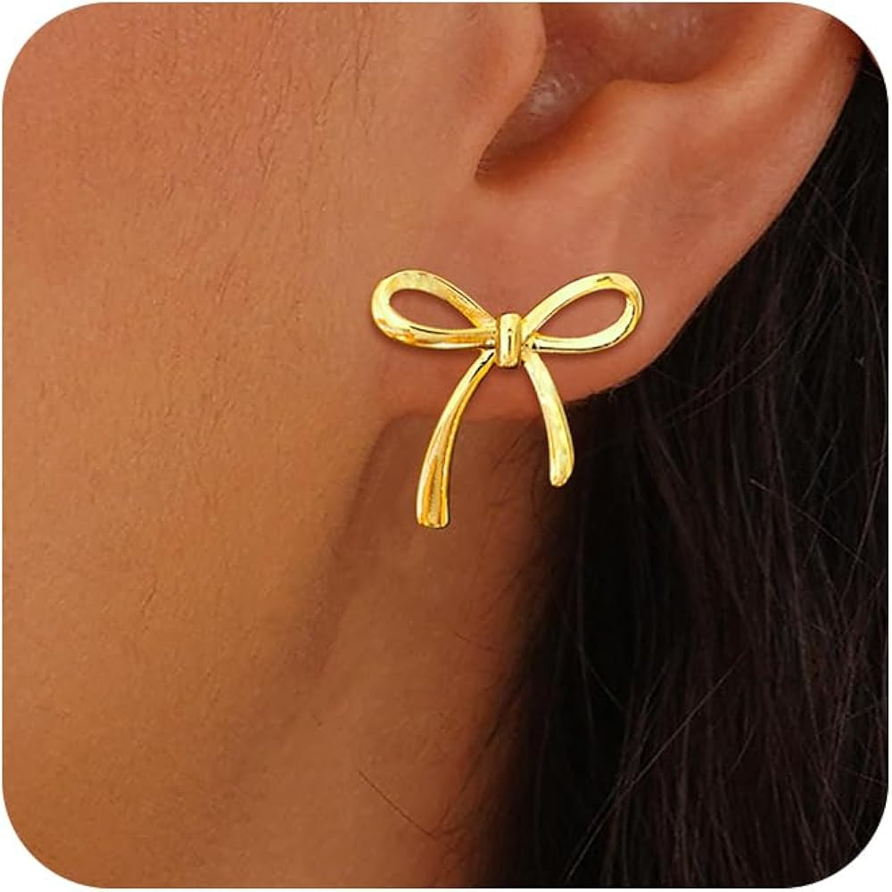 Gold Bow Earrings for Women Trendy, Cute Bow Stud Earring 14k Gold Plated Dainty Ribbon Pearl Bow... | Amazon (US)