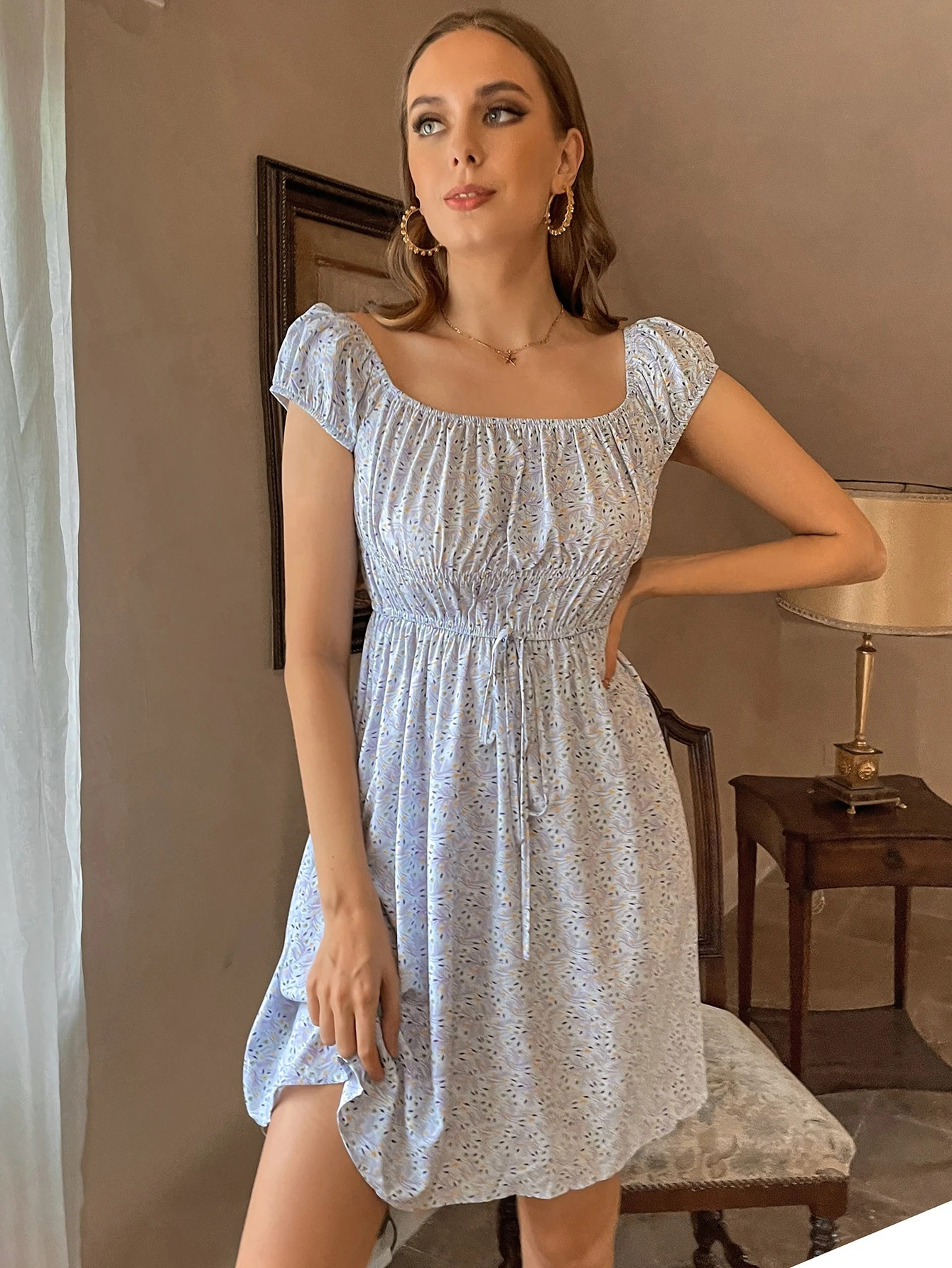 Allover Floral Print Ruched Bust Tie Front Dress | SHEIN