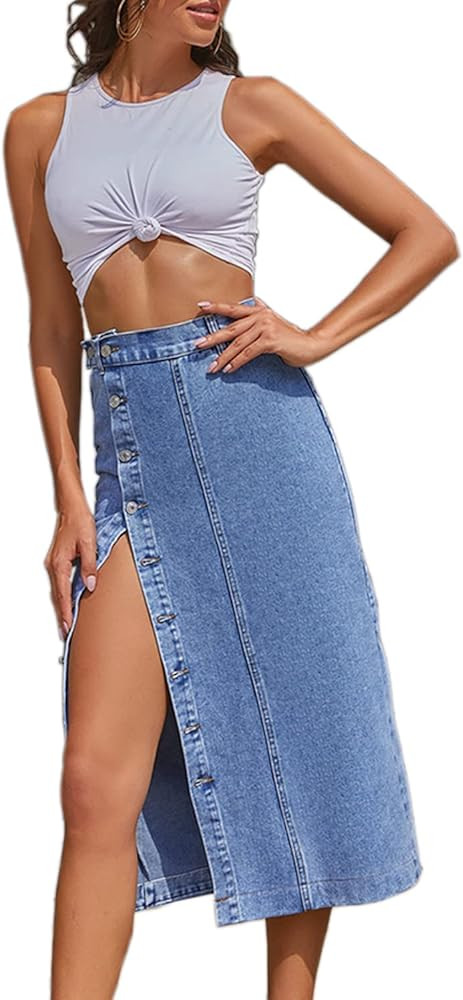 Womens High Waisted Washed Button Front Denim Long Skirt Midi Length A Line Denim Jean Pencil Ski... | Amazon (US)