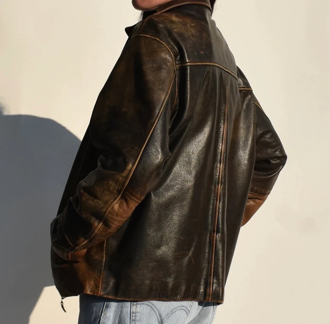 1990s Oversized Biker Coat Distressed Brown Leather Jacket Womens Handmade Real Sheepskin Leather... | Etsy (US)