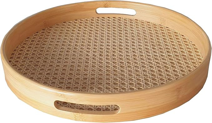 Large Round Serving Tray | Bamboo Wood Tray | Rattan Tray | 15 x 2 inch | with Handles for Breakf... | Amazon (US)