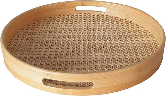 Large Round Serving Tray | Bamboo Wood Tray | Rattan Tray | 15 x 2 inch | with Handles for Breakf... | Amazon (US)