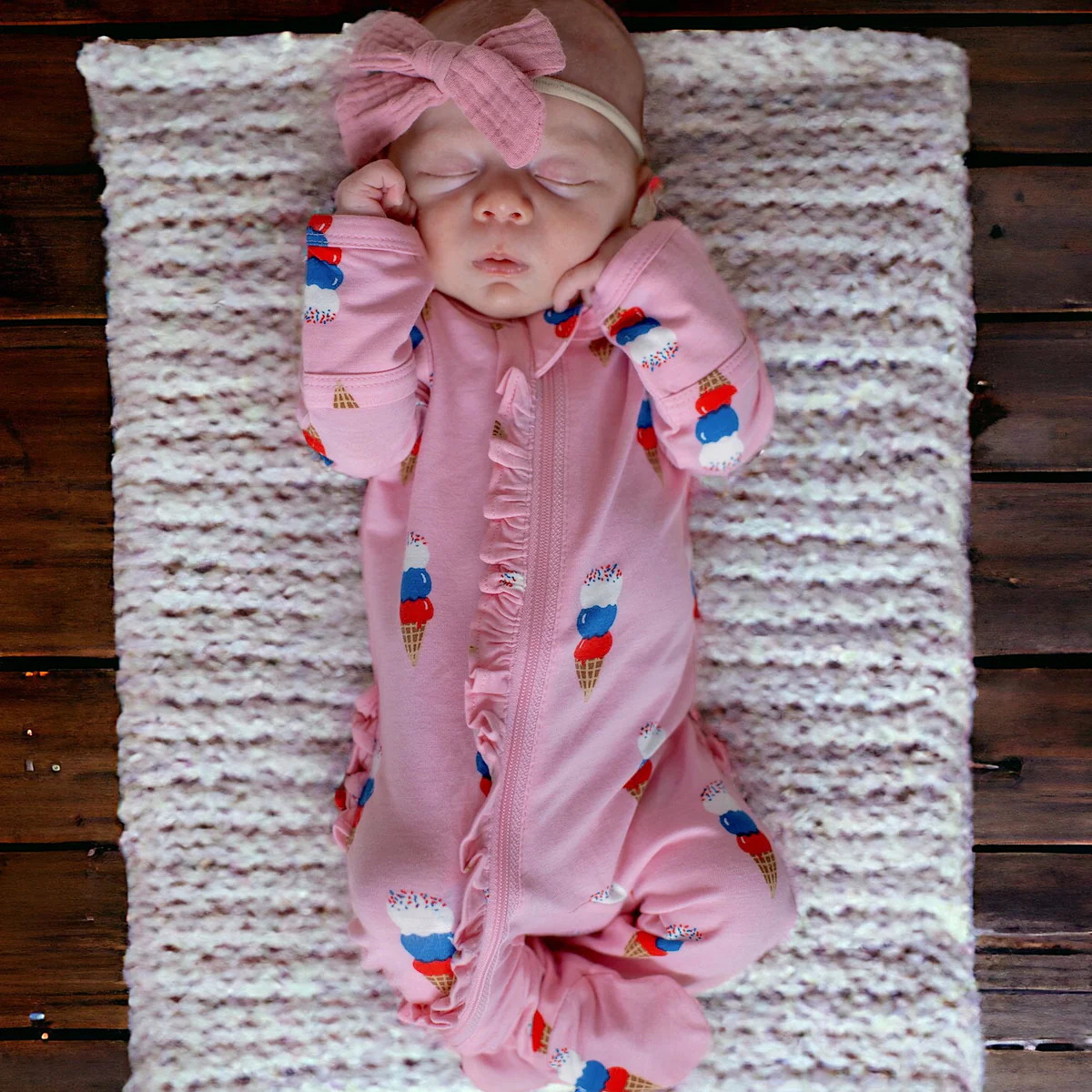 2-Way Ruffle Zip Footie, Pink Ice Cream | SpearmintLOVE