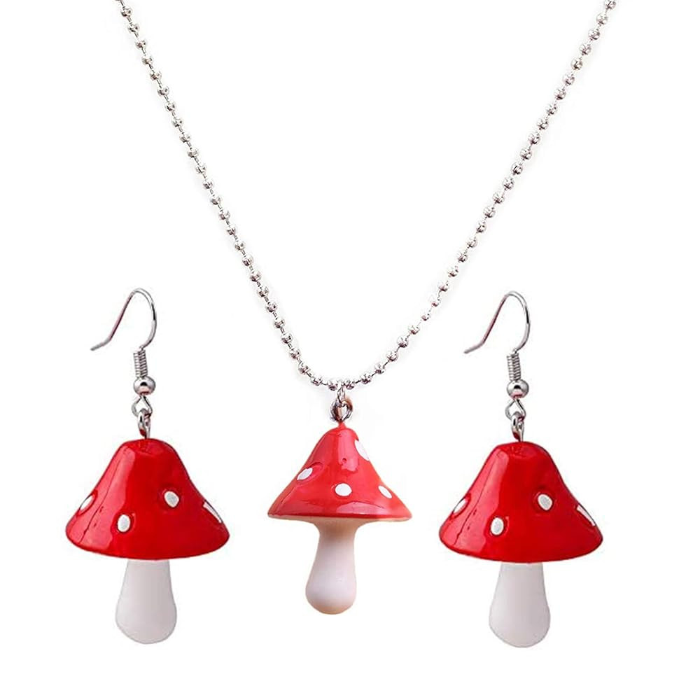 Creative Red Mushroom Dangling Earrings Necklace Set Mushroom Shape Drop Earring Necklace for Women | Amazon (US)