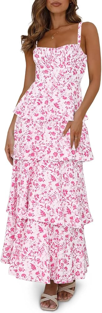 Wenrine Womens Summer Floral Maxi Dresses Sleeveless Spaghetti Strap Tie Back Ruffle Tiered Flowy... | Amazon (US)