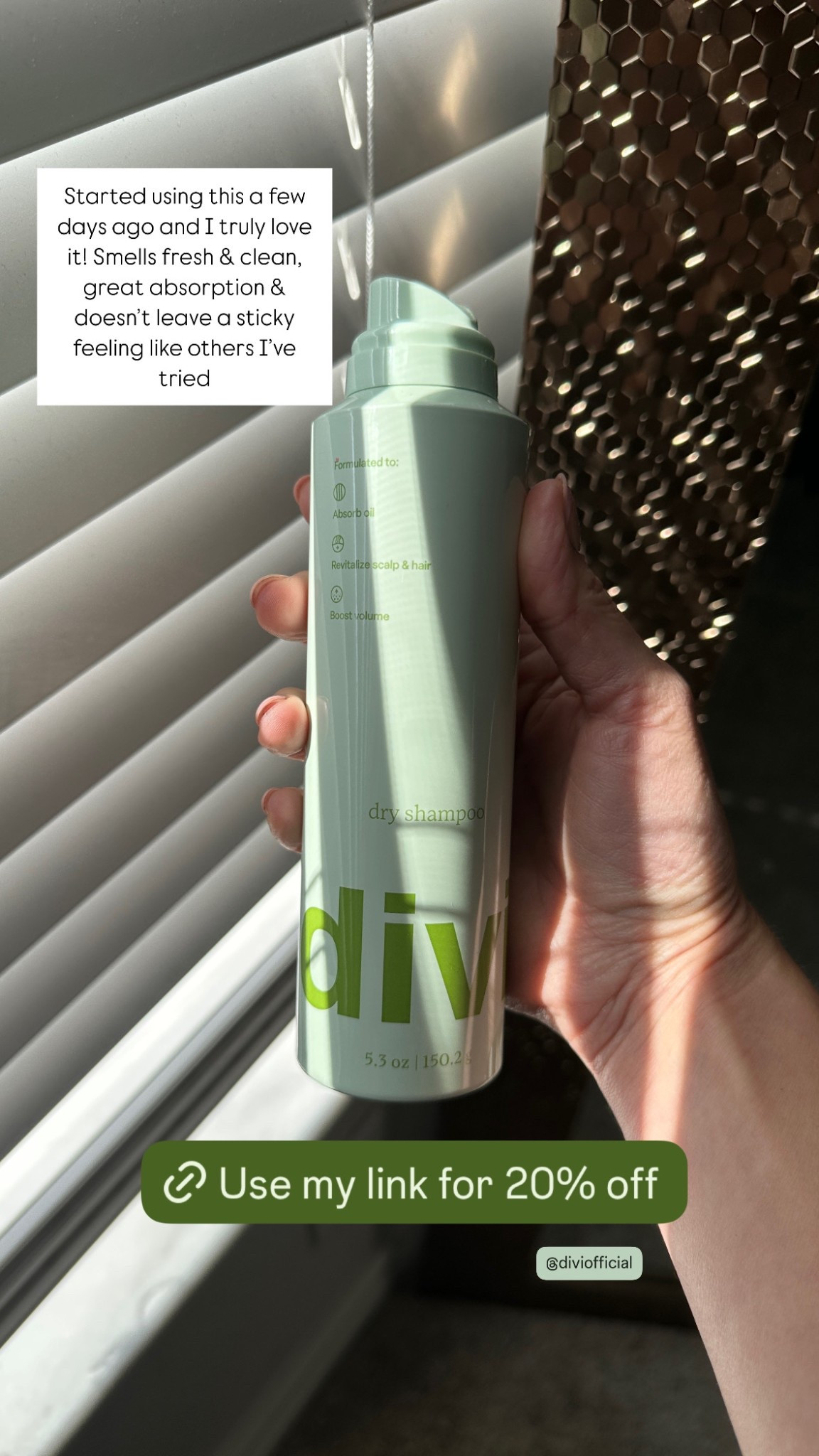 Divi Dry shampoo is sooooo good !! 

Use my code for a discount : CHRISTINE76744

#LTKU #LTKFindsUnder50 #LTKBeauty