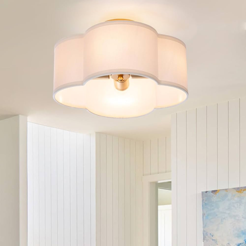 Modern Flush Mount Ceiling Light Fixture Farmhouse White Fabric Semi Ceiling Lamps with Gold 4 Li... | Amazon (US)