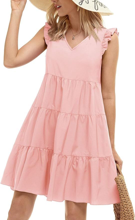 GUBERRY Women's Summer Dress Ruffle Sleeve V Neck Pleated Tiered Babydoll Flowy Dresses | Amazon (US)