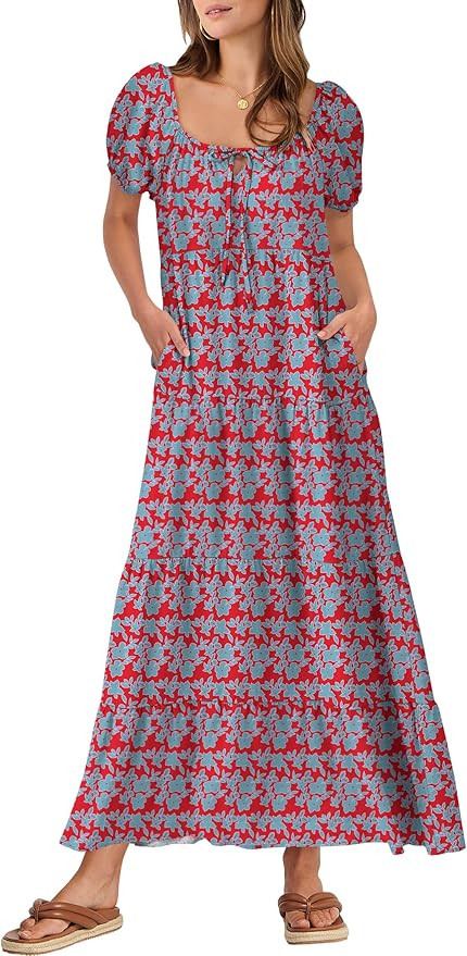 ANRABESS Women's Boho Maxi Dresses 2025 Summer Casual Floral Puff Short Sleeve Tie Front Flowy Sw... | Amazon (US)