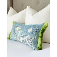 Tibetan Tiger Jacquard Throw Pillow Cover, Decorative Chinoiserie Style Blue With Green Brush Fringe Detail | Etsy (US)