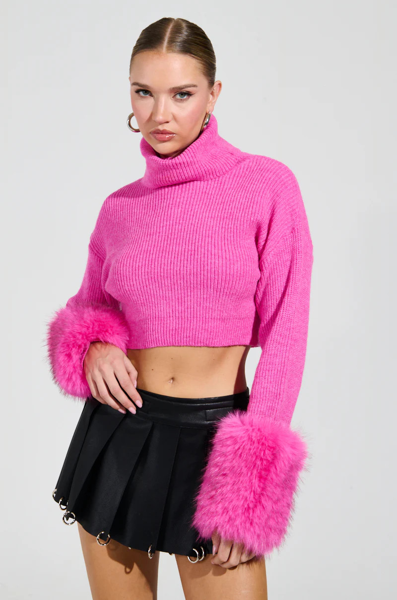 SYDNEY FUR CUFF CROPPED SWEATER IN HOT PINK | AKIRA