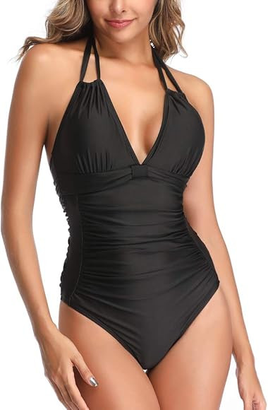 Smismivo Women's Tummy Control Swimwear Halter One Piece Retro Swimsuit Sexy Ruched Vintage Slimming | Amazon (US)