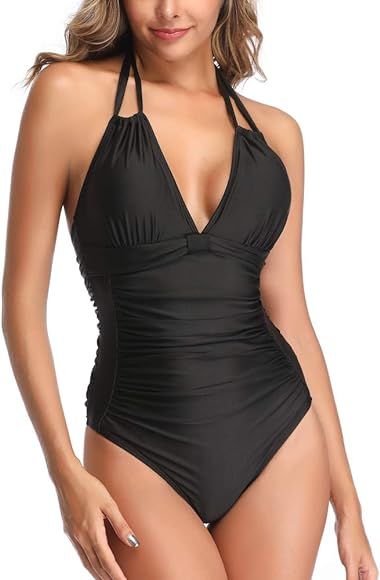 Smismivo Women's Tummy Control Swimwear Halter One Piece Retro Swimsuit Sexy Ruched Vintage Slimming | Amazon (US)