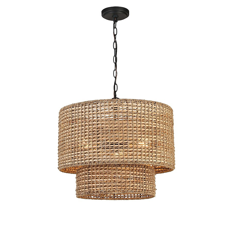 allen + roth Adara 3-Light Matte Black Canopy with Natural Rattan Shade Traditional Drum Pendant ... | Lowe's