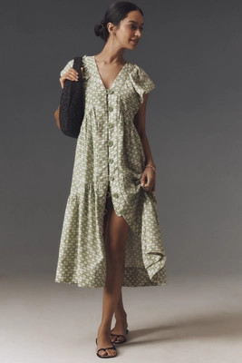 The Reneé Flutter-Sleeve Linen Button-Front Midi Dress | Anthropologie (US)