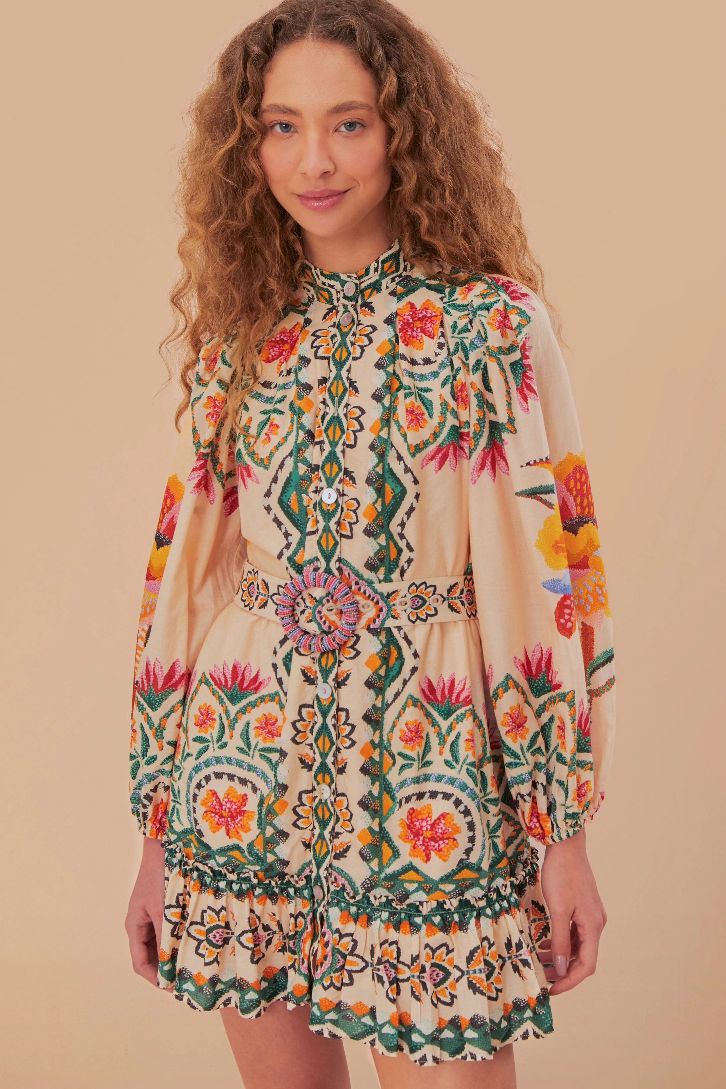 Cream Lucy Floral Tapestry Long Sleeve Mini Dress | FarmRio (US)