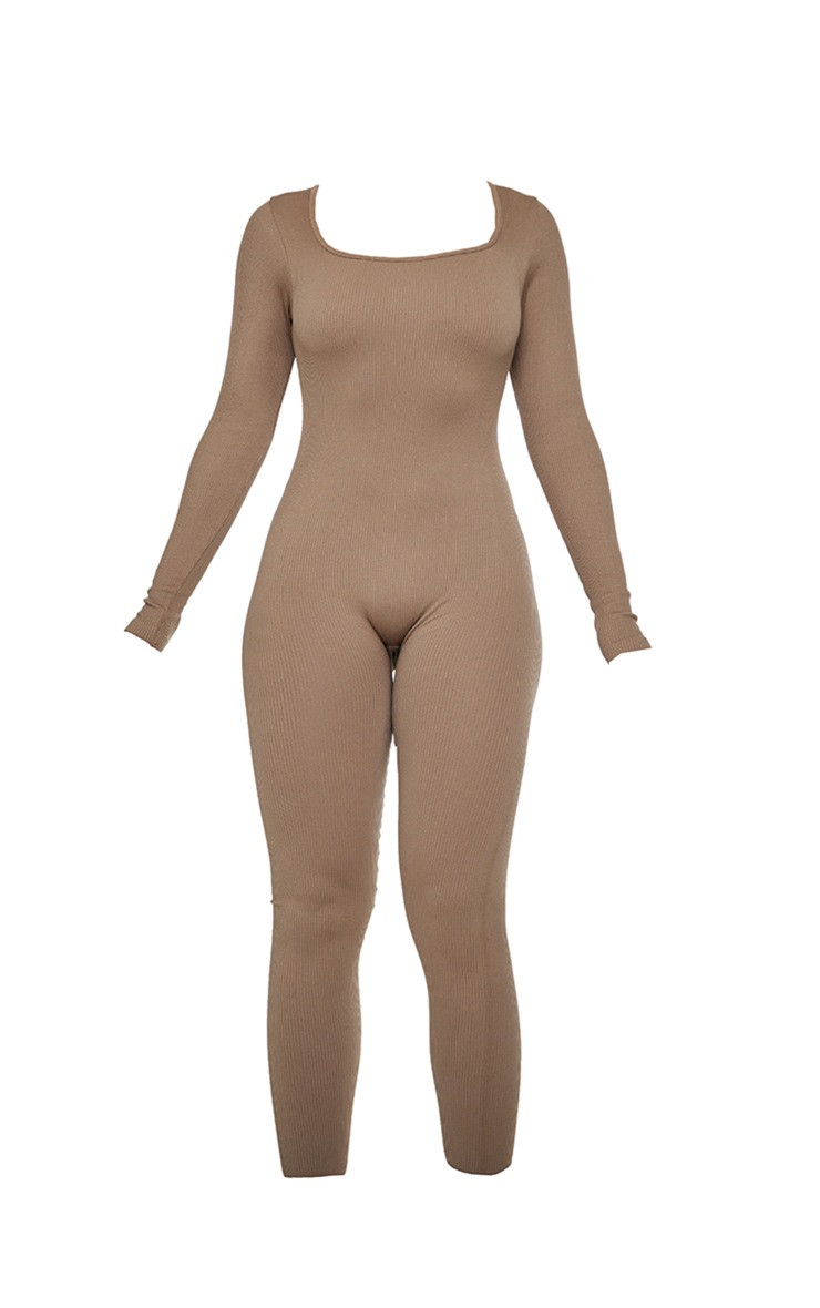 Toffee Contour Rib Square Neck Long Sleeve Jumpsuit | PrettyLittleThing US