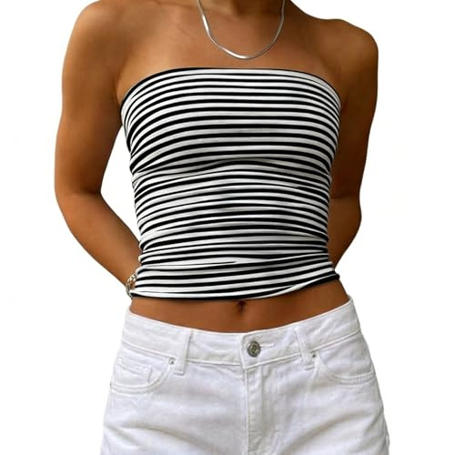 Womens Strapless Crop Top Striped Tube Tops Sleeveless Backless Bandeau Tank Tops 2026 Summer Out... | Amazon (US)