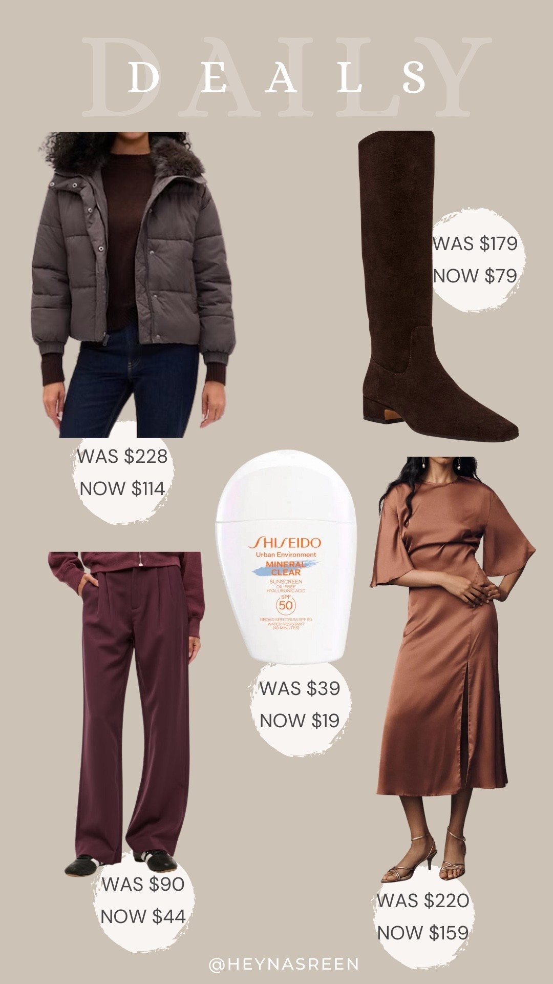 Daily deals on Gap puffer jacket, Steve Madden boots, Anthropologie dress, Shiseido sunscreen, Abercrombie pants 
