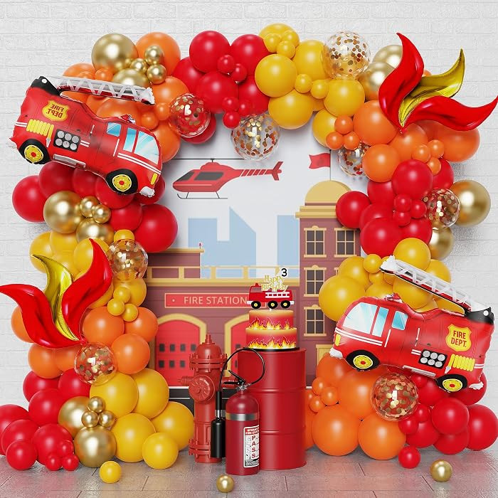 Fire Balloon Garland Arch Kit, 144pcs Red Yellow Chrome Gold Balloons with Fire Truck Foil Balloo... | Amazon (US)