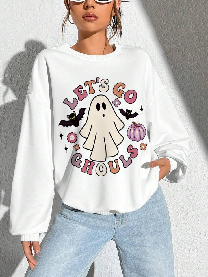 SHEIN EZwear Slogan & Cartoon Graphic Drop Shoulder Sweatshirt | SHEIN