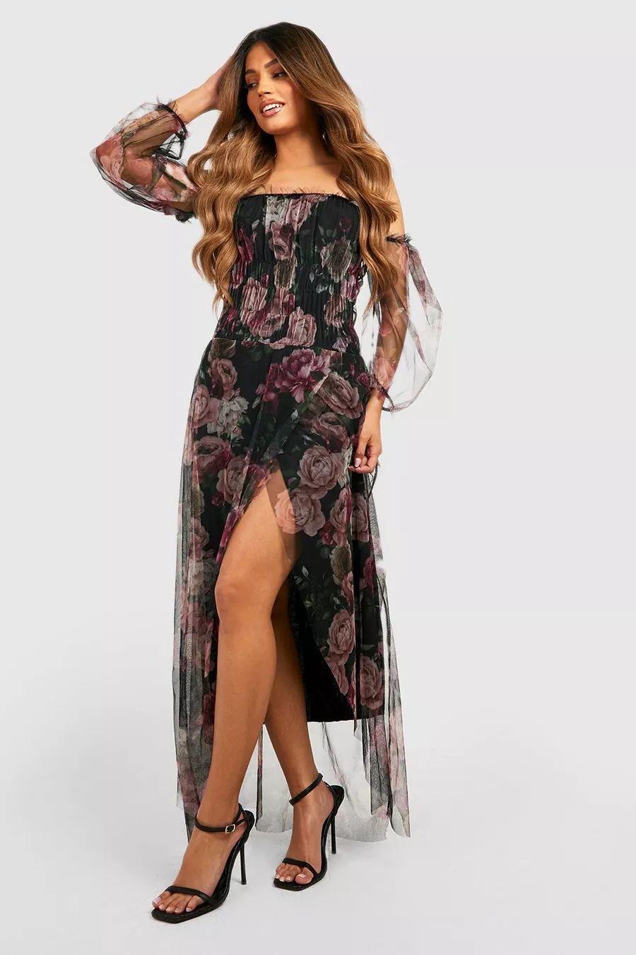 Floral Mesh Ruched Maxi Dress | Boohoo.com (US & CA)