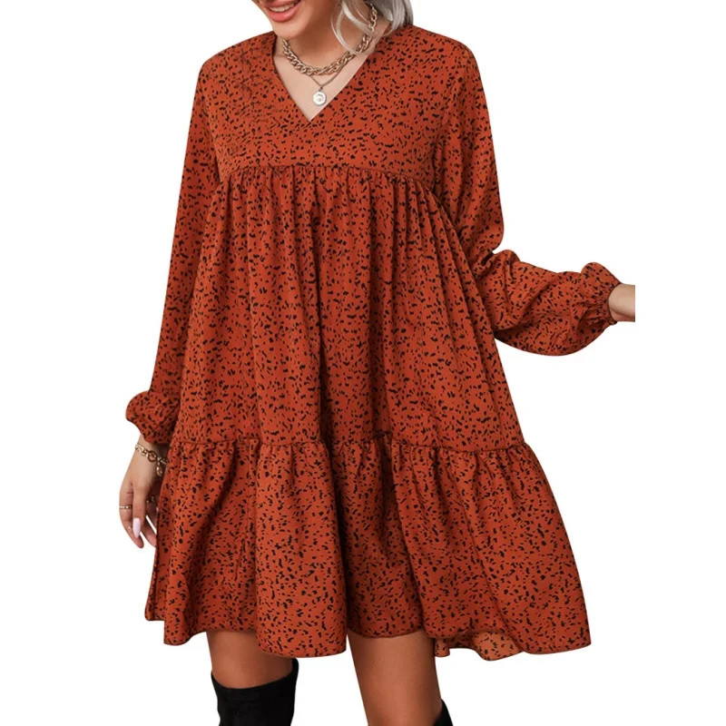 OUNAR Women Floral Printed V Neck Long Sleeve Pleated Mini Dress | Walmart (US)