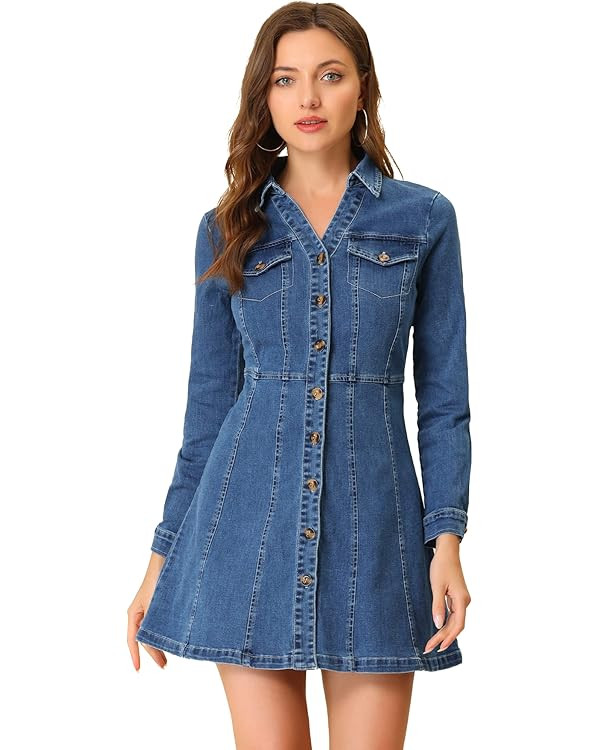 Allegra K Women's Denim Dress Button Down Collar V Neck Long Sleeve A-line Cotton Jean Dress | Amazon (US)