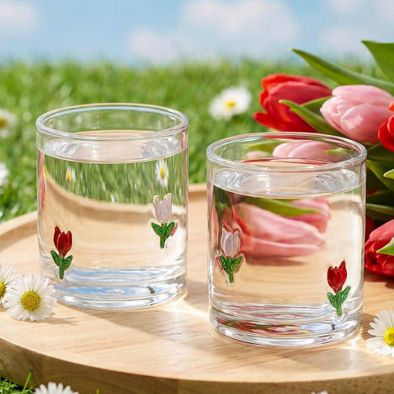 4 Pack Floral Icon Glass Cups 14oz Tulip Icon Juice Glasses Double Old Fashioned Hand Blown Steml... | Amazon (US)