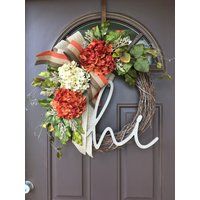 Fall Wreath For Front Door With Monogram - Hi Hydrangea Thanksgiving Autumn Monogrammed Rustic Decor | Etsy (US)