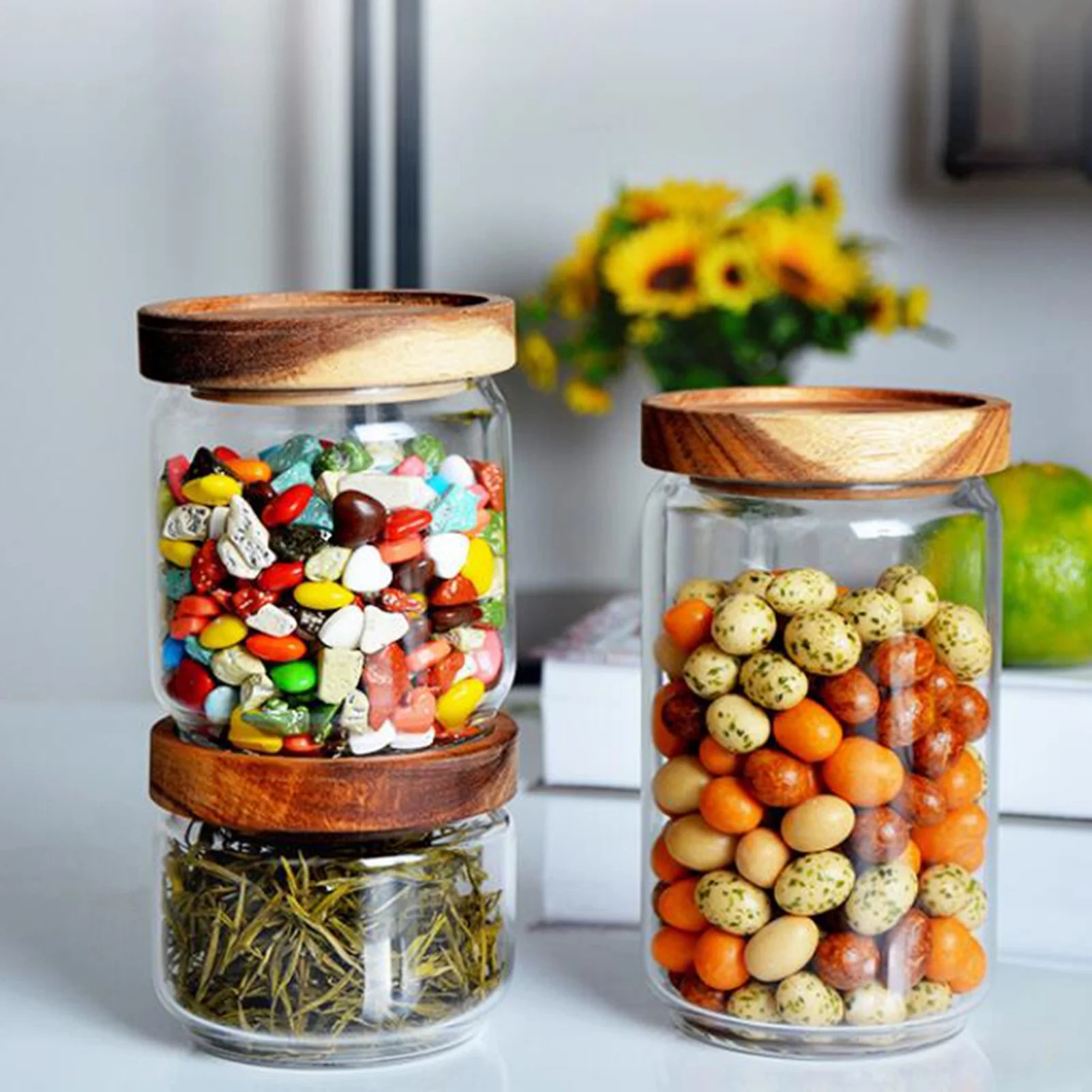Ludlz Glass Storage Jar with Wood Lids, Airtight Sealed Clear Glass Canister Kitchen Food Storage... | Walmart (US)
