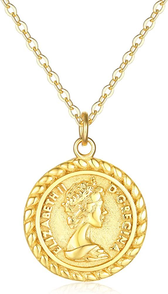 VACRONA Coin Necklace 18k Gold Plated Vintage Textured Medallion Coin Pendant Round Circle Disk Dain | Amazon (US)