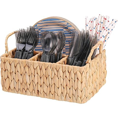 Wicker Party Silverware Caddy, Water Hyacinth Plastic Cutlery Utensil Holder, Hand Woven with Han... | Amazon (US)