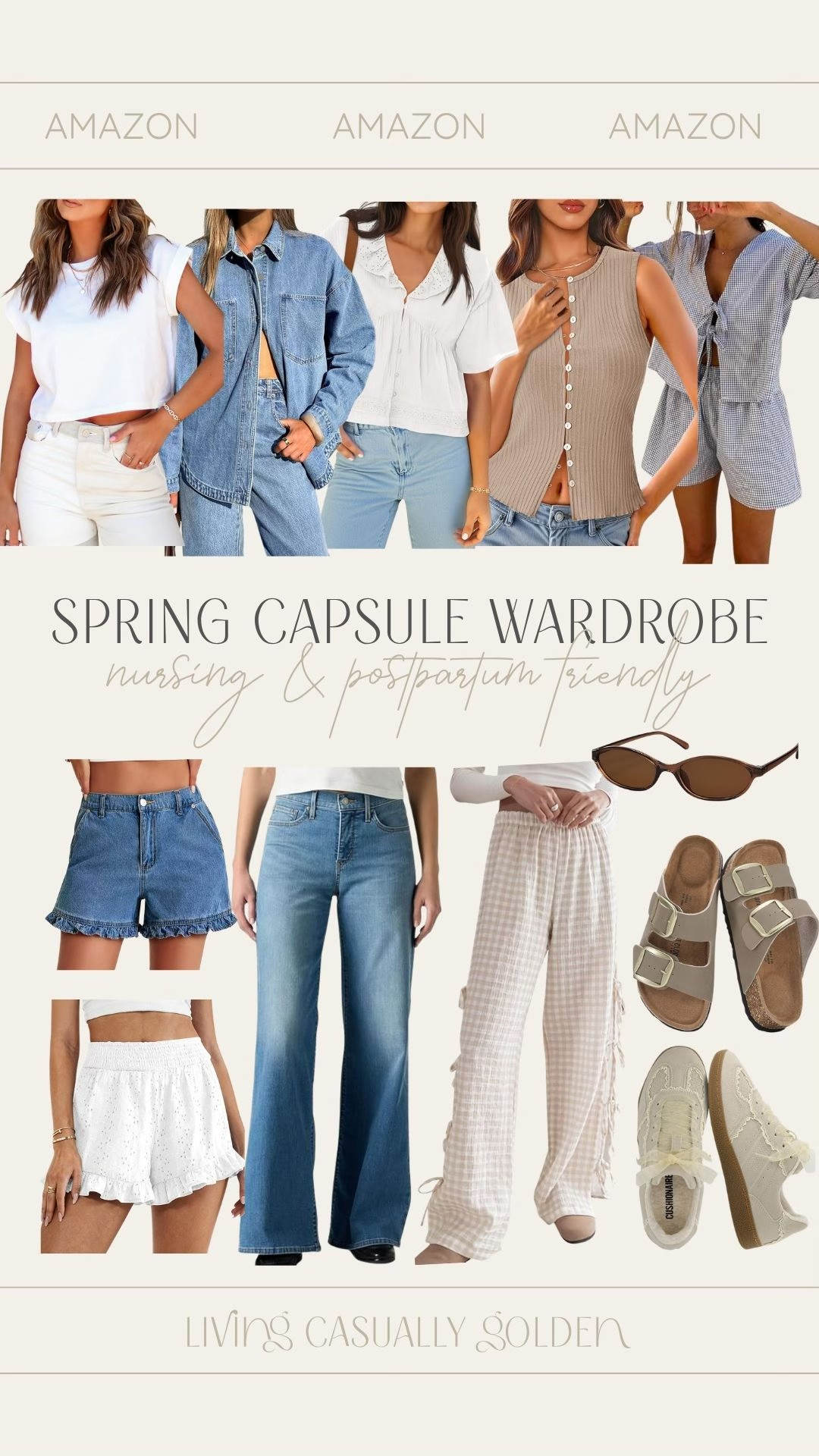 SPRING AMAZON CAPSULE WARDROBE! All pieces nursing and postpartum friendly! M tee, M denim shirt, S both tops, M set, S white shorts, 2 denim, 26 denim + M gingham pants  

 