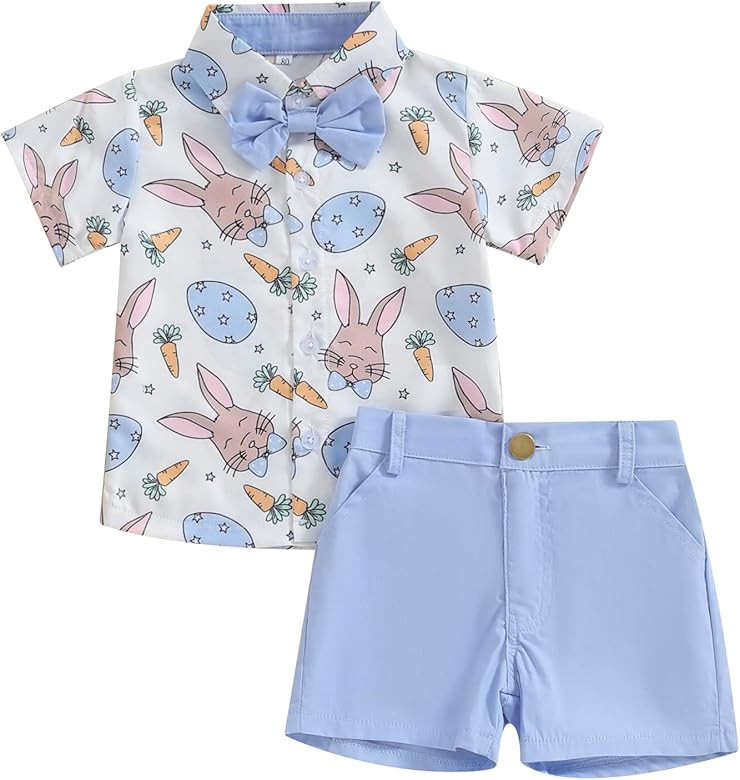 Toddler Baby Boy Easter Outfit Bunny Print Short Sleeve Button Down Shirt Pockets Shorts 2Pcs Set... | Amazon (US)