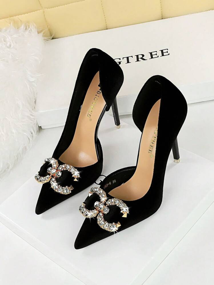 Fall/Winter 2025 Party High Heels, Thin Heels, Low Vamp, Pointed Toe, Hollow Out, Rhinestone Buckle, Bow-Knot, Pumps,Sexy | SHEIN
