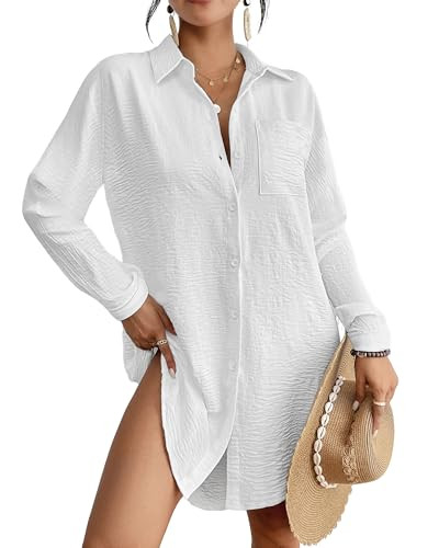 Bsubseach Swimsuit Coverup for Women Button Down Beach Cover Ups Long Sleeve Shirt Dress Modern B... | Amazon (US)