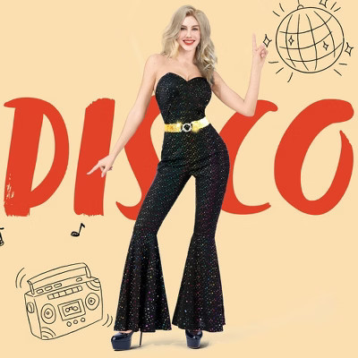 Joyfy Women Halloween Costume 70s Disco Costume, Black Sequin Disco Jumpsuit, Adult Disco Costume for Halloween Dress up Party, Dance Party-L | Target