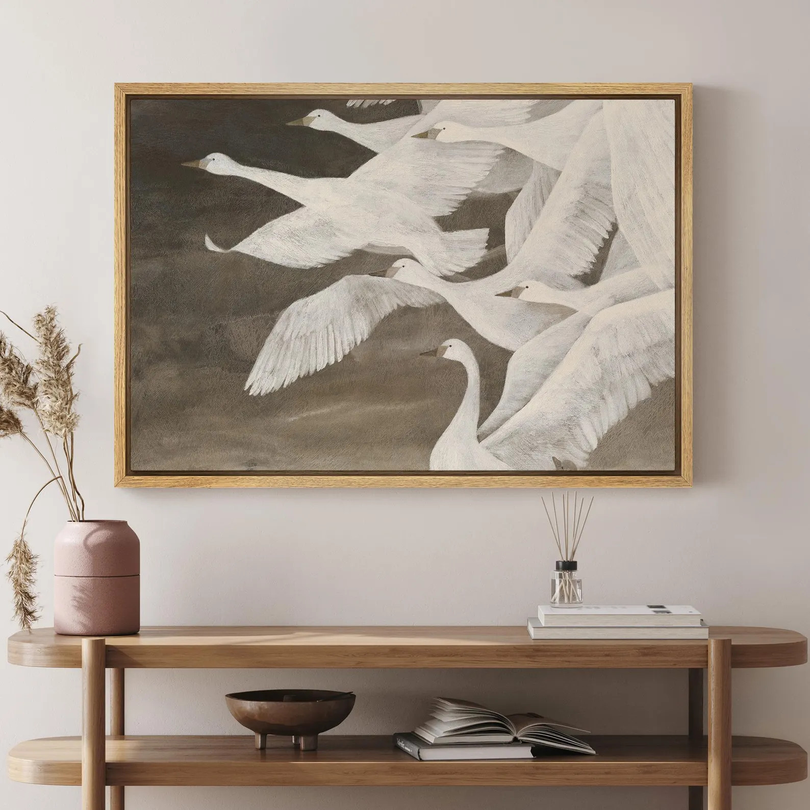 Framed Canvas Wall Art Flying Swans Print Minimalist Bird Painting Nordic Wildlife Elegant White ... | Etsy (US)