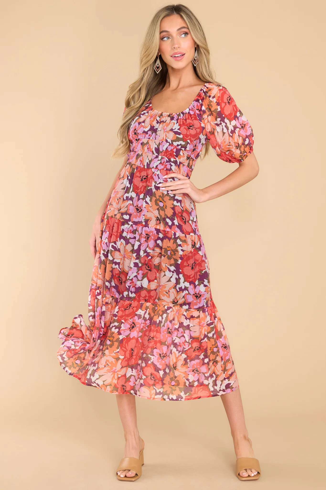 Zanita Bright Floral Print Tiered Midi Dress | Red Dress 