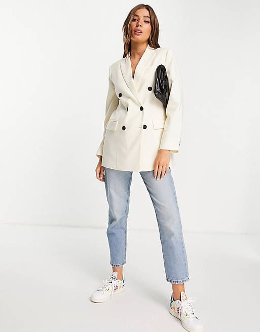 Stradivarius double breasted dad blazer in ecru | ASOS (Global)