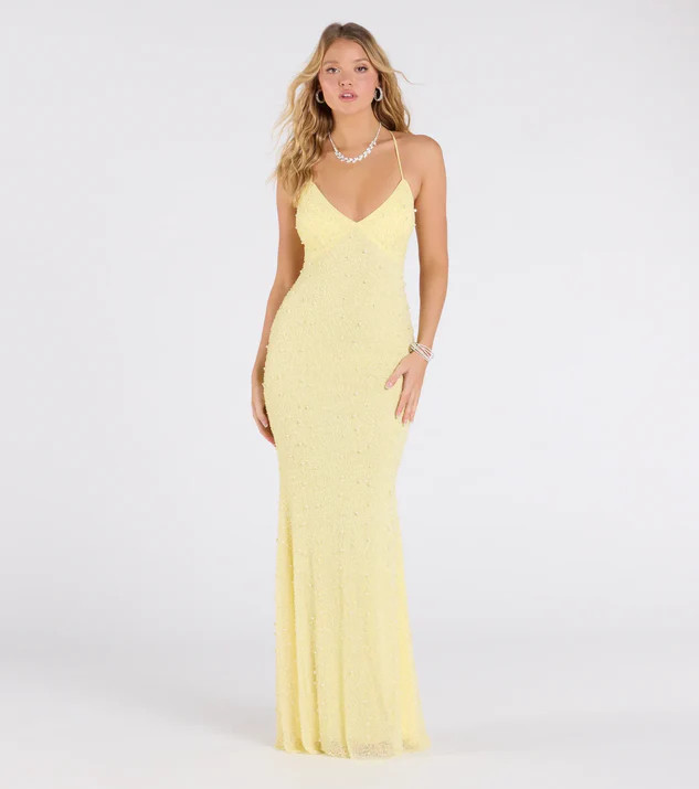 Marlene Lace-Up Mermaid Beaded Pearl Formal Dress | Windsor Stores