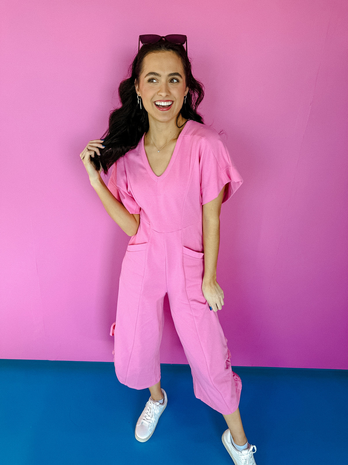 Caitlyn V-Neck Jumpsuit - Shocking Pink/Rose | MyEllement Boutique